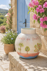 Vaso decorativo And Nook Jardin de Fruits rosa sabbia con illustrazioni di alberi da frutto, limoni, arance e palme, ideale per bouquet e arredamento.